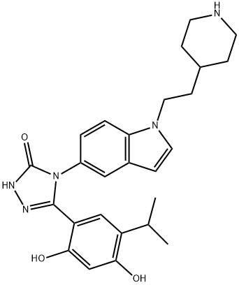 3H-1,2,4-Triazol-3-one, 5-[2,4-dihydroxy-5-(1-methylethyl)phenyl]-2,4-dihydro-4-[1-[2-(4-piperidinyl)ethyl]-1H-indol-5-yl]- Struktur