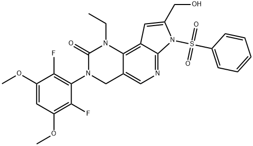 2H-Pyrrolo[3',2':5,6]pyrido[4,3-d]pyrimidin-2-one, 3-(2,6-difluoro-3,5-dimethoxyphenyl)-1-ethyl-1,3,4,7-tetrahydro-8-(hydroxymethyl)-7-(phenylsulfonyl)- Struktur