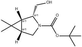 3-Azabicyclo[3.1.0]hexane-3-carboxylic acid, 2-(hydroxymethyl)-6,6-dimethyl-, 1,1-dimethylethyl ester, (1R,2R,5S)-rel- Struktur