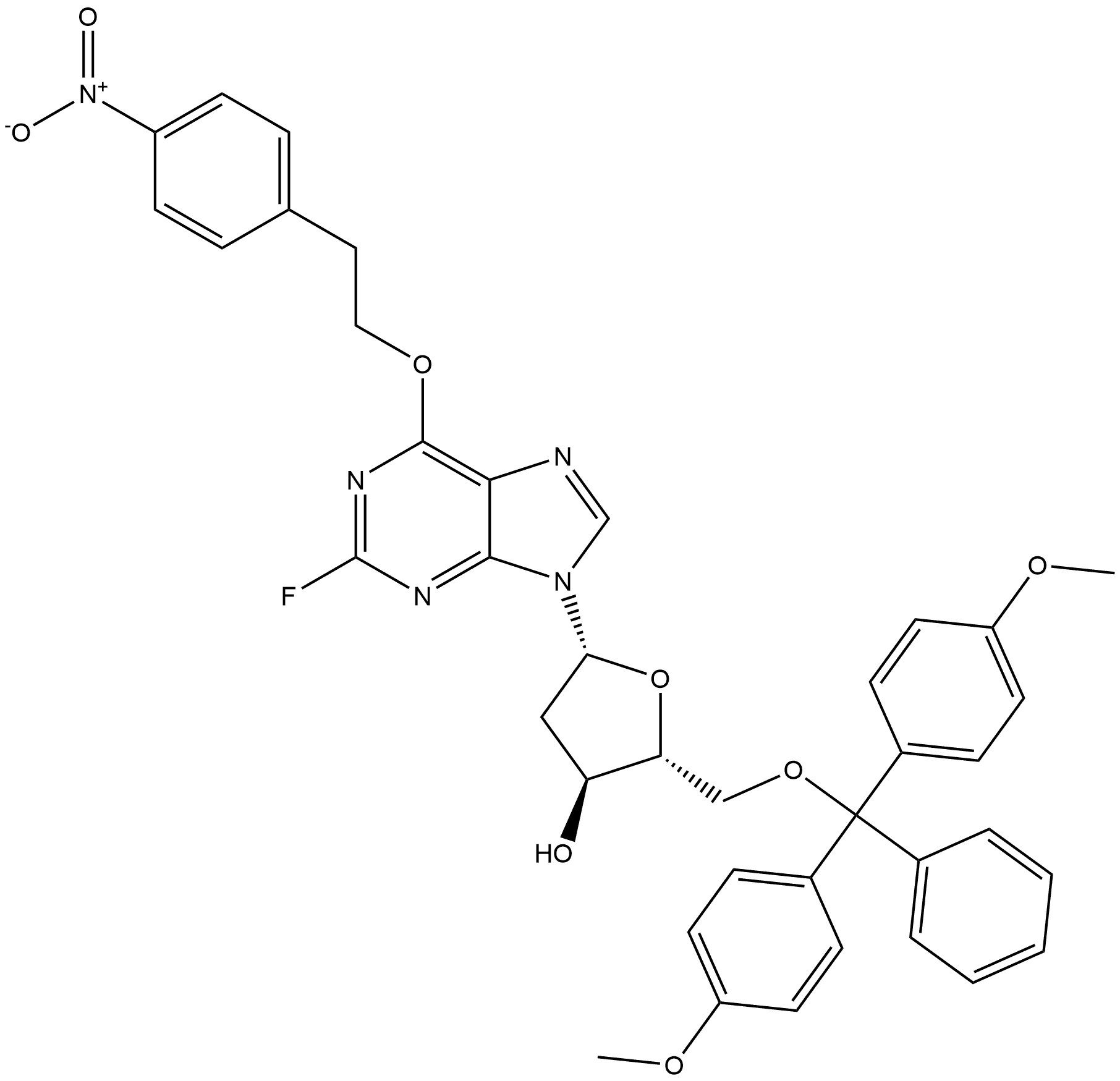 5'-O-Dimethoxytrityl-2-fluoro-6-O-(2-(4-nitrophenyl)ethyl)-2'-deoxyinosine Struktur