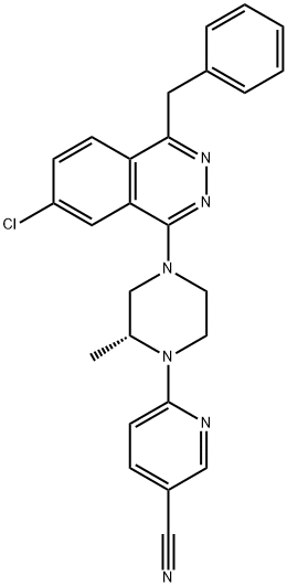 3-Pyridinecarbonitrile, 6-[(2R)-4-[7-chloro-4-(phenylmethyl)-1-phthalazinyl]-2-methyl-1-piperazinyl]- Struktur