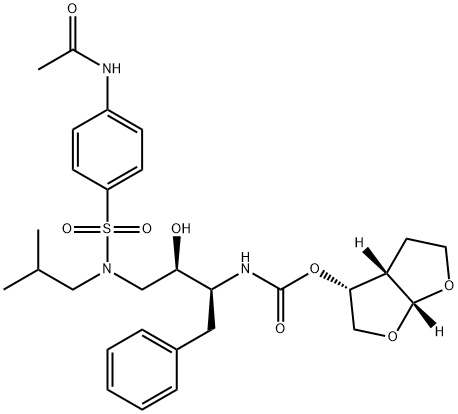 Carbamic acid, N-[(1S,2R)-3-[[[4-(acetylamino)phenyl]sulfonyl](2-methylpropyl)amino]-2-hydroxy-1-(phenylmethyl)propyl]-, (3R,3aS,6aR)-hexahydrofuro[2,3-b]furan-3-yl ester Struktur