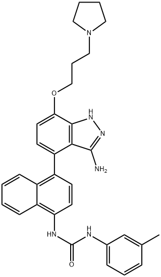 Urea, N-[4-[3-amino-7-[3-(1-pyrrolidinyl)propoxy]-1H-indazol-4-yl]-1-naphthalenyl]-N'-(3-methylphenyl)- Struktur