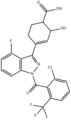 3-Cyclohexene-1-carboxylic acid, 4-[1-[2-chloro-6-(trifluoromethyl)benzoyl]-4-fluoro-1H-indazol-3-yl]-2-hydroxy- Struktur