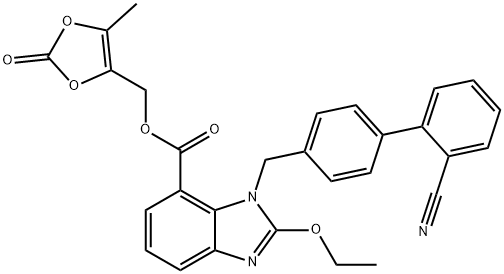 1H-Benzimidazole-7-carboxylic acid, 1-[(2'-cyano[1,1'-biphenyl]-4-yl)methyl]-2-ethoxy-, (5-methyl-2-oxo-1,3-dioxol-4-yl)methyl ester Struktur