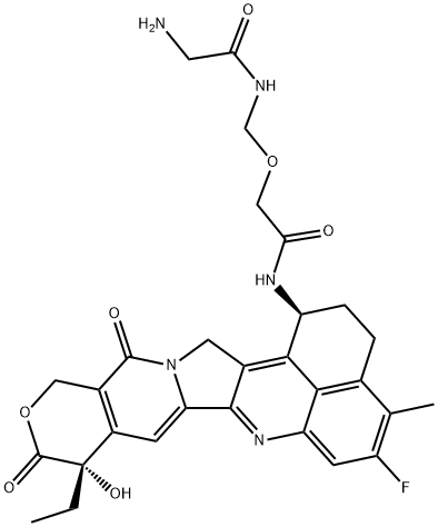 Acetamide, 2-[[(2-aminoacetyl)amino]methoxy]-N-[(1S,9S)-9-ethyl-5-fluoro-2,3,9,10,13,15-hexahydro-9-hydroxy-4-methyl-10,13-dioxo-1H,12H-benzo[de]pyrano[3',4':6,7]indolizino[1,2-b]quinolin-1-yl]- Struktur