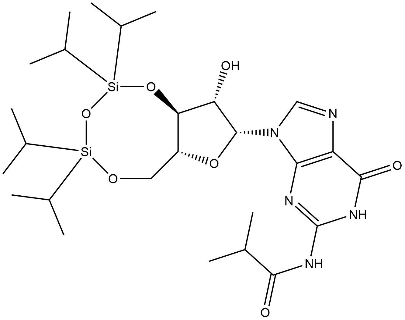 Propanamide, N-[6,9-dihydro-6-oxo-9-[3,5-O-[1,1,3,3-tetrakis(1-methylethyl)-1,3-disiloxanediyl]-β-D-arabinofuranosyl]-1H-purin-2-yl]-2-methyl- Struktur