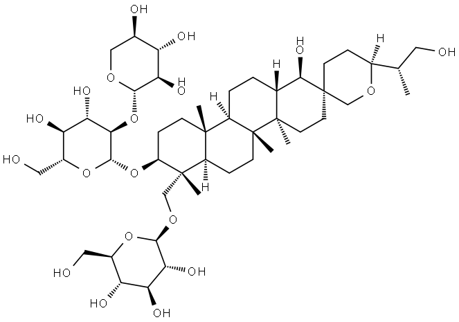 β-D-Glucopyranoside, (1R,2S,4aR,4bR,6'S,6aR,7R,8S,10aR,10bR,12aS)-7-[(β-D-glucopyranosyloxy)methyl]octadecahydro-1-hydroxy-6'-[(1S)-2-hydroxy-1-methylethyl]-4a,4b,7,10a-tetramethylspiro[chrysene-2(1H),3'(4'H)-[2H]pyran]-8-yl 2-O-β-D-xylopyranosyl- Struktur