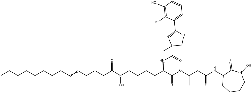 Lysine, N2-[[2-(2,3-dihydroxyphenyl)-4,5-dihydro-4-methyl-4-oxazolyl]carbonyl]-N6-hydroxy-N6-(1-oxo-5-tetradecen-1-yl)-, 3-[(hexahydro-1-hydroxy-2-oxo-1H-azepin-3-yl)amino]-1-methyl-3-oxopropyl ester Struktur