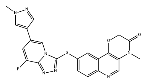 2H-1,4-Oxazino[3,2-c]quinolin-3(4H)-one, 9-[[8-fluoro-6-(1-methyl-1H-pyrazol-4-yl)-1,2,4-triazolo[4,3-a]pyridin-3-yl]thio]-4-methyl- Struktur