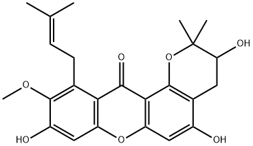 2H,12H-Pyrano[2,3-a]xanthen-12-one, 3,4-dihydro-3,5,9-trihydroxy-10-methoxy-2,2-dimethyl-11-(3-methyl-2-buten-1-yl)- Struktur