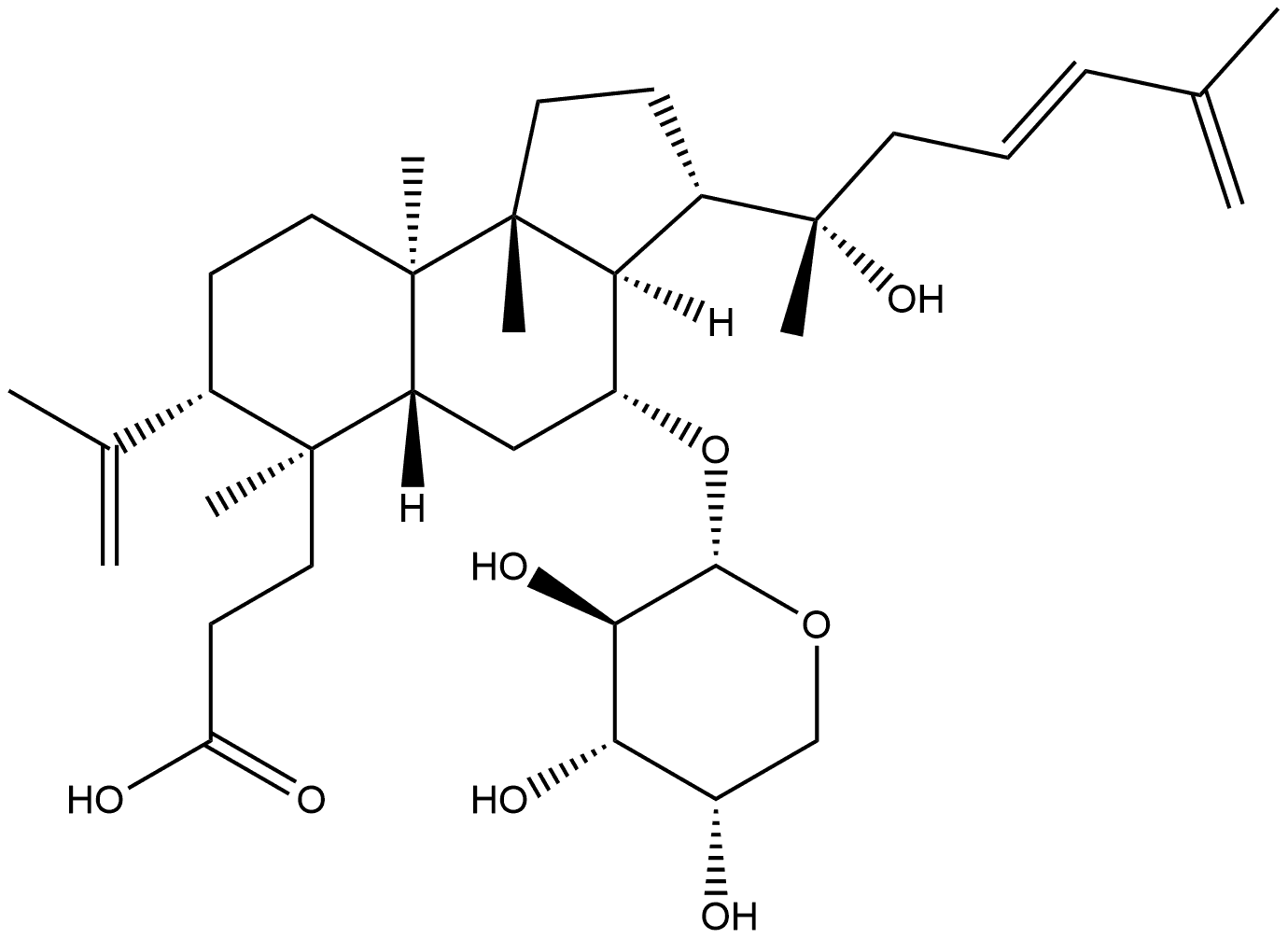 1H-Benz[e]indene-6-propanoic acid, 4-(α-L-arabinopyranosyloxy)dodecahydro-3-[(1S,3E)-1-hydroxy-1,5-dimethyl-3,5-hexadien-1-yl]-6,9a,9b-trimethyl-7-(1-methylethenyl)-, (3S,3aR,4R,5aR,6S,7S,9aR,9bR)- Struktur