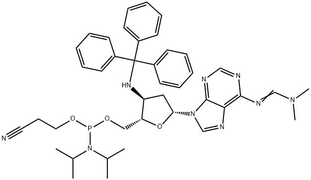 Adenosine, 2',3'-dideoxy-N-[(dimethylamino)methylene]-3'-[(triphenylmethyl)amino]-, 5'-[2-cyanoethyl N,N-bis(1-methylethyl)phosphoramidite] Struktur