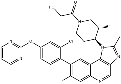 Ethanone, 1-[(3S,4S)-4-[8-[2-chloro-4-(2-pyrimidinyloxy)phenyl]-7-fluoro-2-methyl-1H-imidazo[4,5-c]quinolin-1-yl]-3-fluoro-1-piperidinyl]-2-hydroxy- Struktur