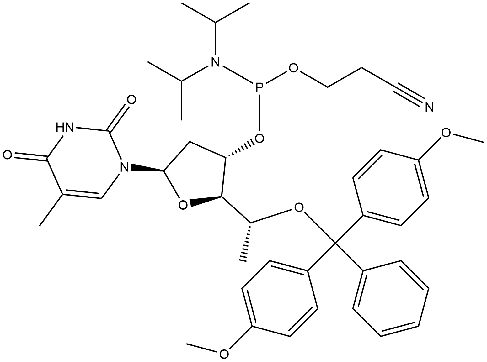 2,4(1H,3H)-Pyrimidinedione, 1-[5-O-[bis(4-methoxyphenyl)phenylmethyl]-3-O-[[bis(1-methylethyl)amino](2-cyanoethoxy)phosphino]-2,6-dideoxy-β-D-ribo-hexofuranosyl]-5-methyl- Struktur