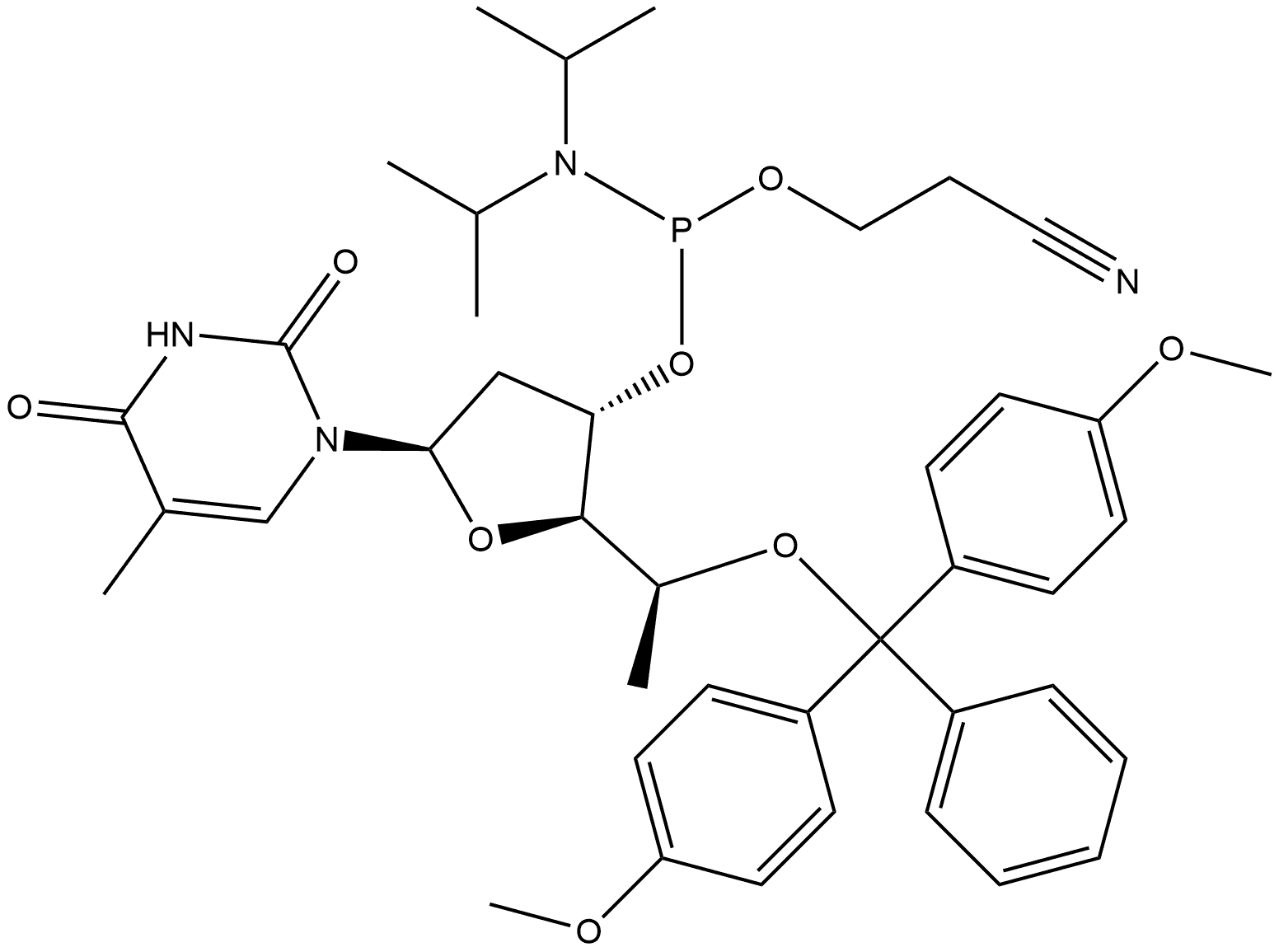 2,4(1H,3H)-Pyrimidinedione, 1-[5-O-[bis(4-methoxyphenyl)phenylmethyl]-3-O-[[bis(1-methylethyl)amino](2-cyanoethoxy)phosphino]-2,6-dideoxy-α-L-lyxo-hexofuranosyl]-5-methyl- Struktur