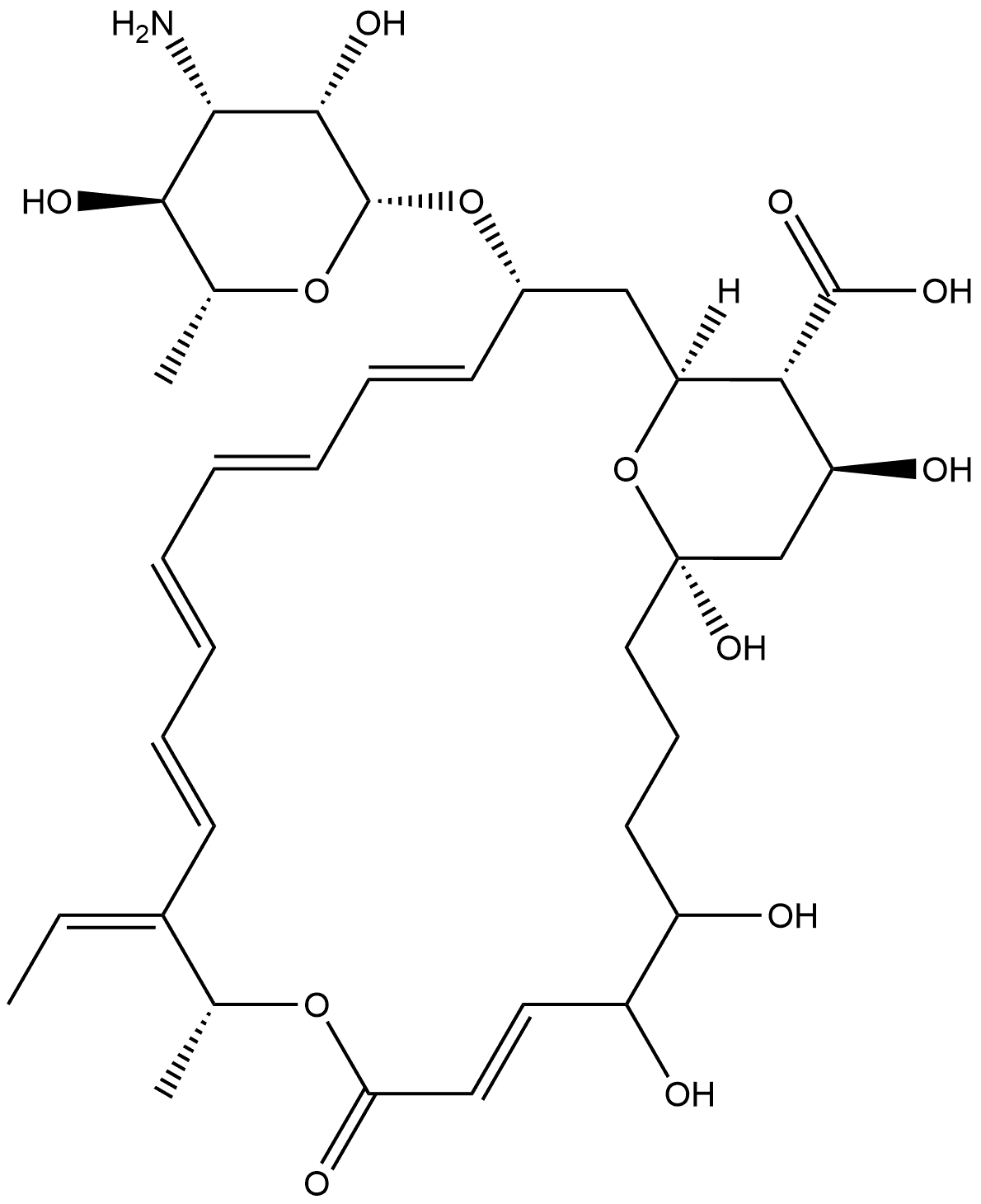 10,27-Dioxabicyclo[21.3.1]heptacosa-7,13,15,17,19-pentaene-24-carboxylic acid, 21-[(3-amino-3,6-dideoxy-β-D-mannopyranosyl)oxy]-12-ethylidene-1,5,6,25-tetrahydroxy-11-methyl-9-oxo-, (1R,7E,11R,12Z,13E,15E,17E,19E,21R,23S,24R,25S)- Struktur