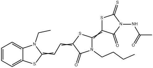 N-{3'-butyl-5'-[2-(3-ethyl-1,3-benzothiazol-2(3H)-ylidene)ethylidene]-4,4'-dioxo-2-thioxo-2',5-bis(1,3-thiazolidin-2-ylidene)-3-yl}acetamide Struktur