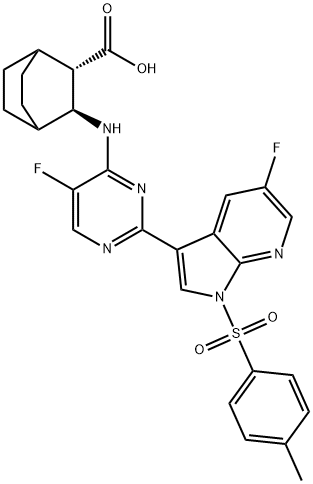 Bicyclo[2.2.2]octane-2-carboxylic acid, 3-[[5-fluoro-2-[5-fluoro-1-[(4-methylphenyl)sulfonyl]-1H-pyrrolo[2,3-b]pyridin-3-yl]-4-pyrimidinyl]amino]-, (2S,3S)- Struktur