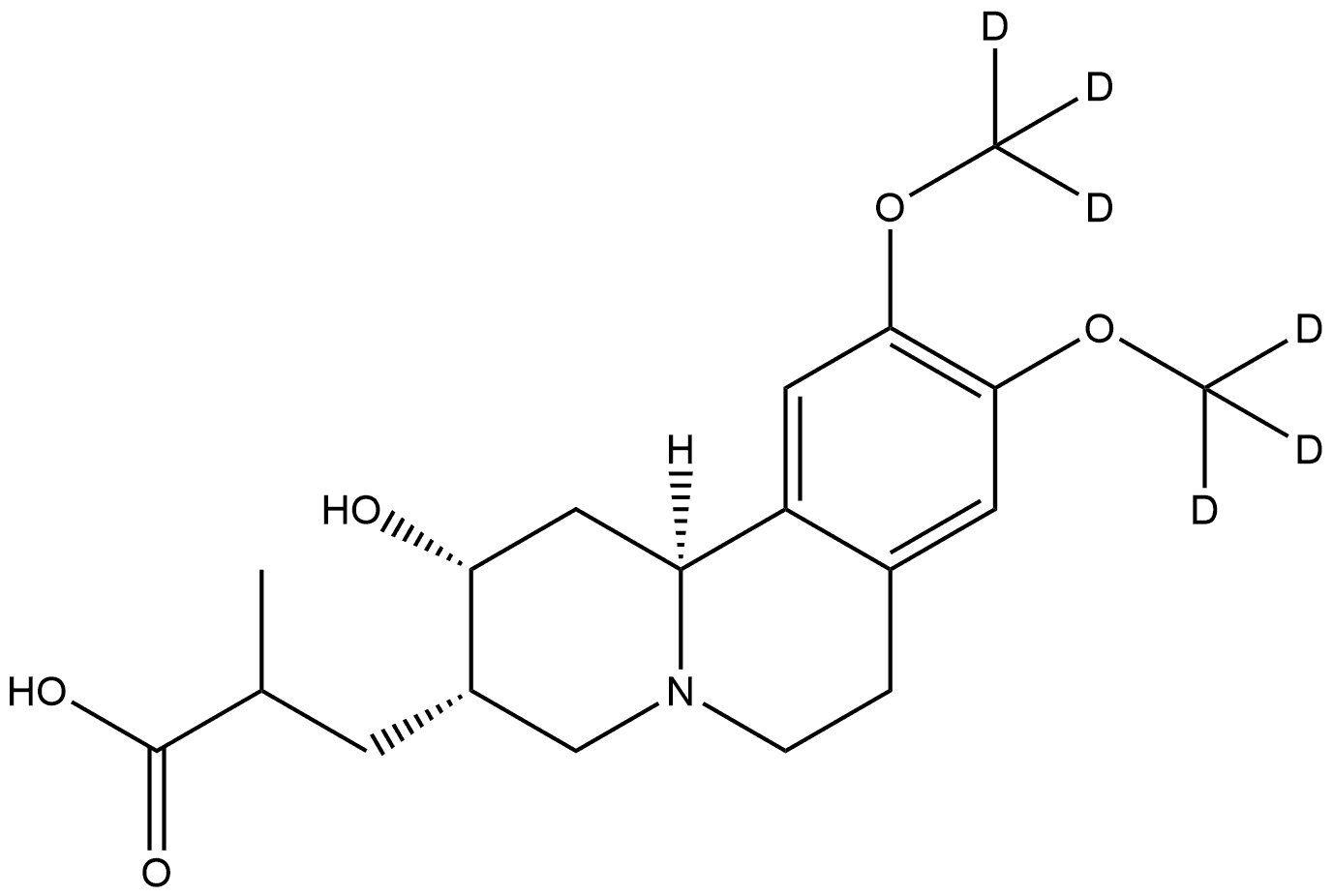 rel-(2R,3S,11bS)-1,3,4,6,7,11b-Hexahydro-2-hydroxy-9,10-di(methoxy-d3)-α-methyl-2H-benzo[a]quinolizine-3-propanoic acid Struktur