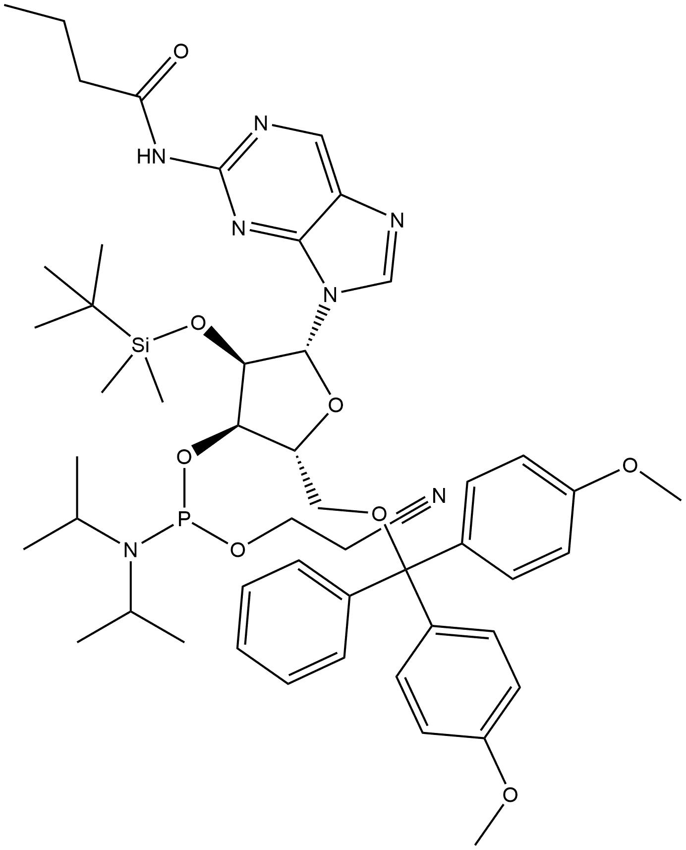 2-Isobutyrylamino-9-(2'-O-tert-butyldimethylsilyl-5'-O-DMT-b-D-ribofuranosyl)purine 3'-CE phosphoramidite Struktur