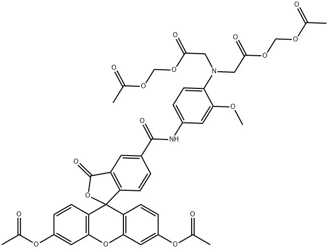 Glycine, N-[2-[(acetyloxy)methoxy]-2-oxoethyl]-N-[4-[[[3',6'-bis(acetyloxy)-3-oxospiro[isobenzofuran-1(3H),9'-[9H]xanthen]-5-yl]carbonyl]amino]-2-methoxyphenyl]-, (acetyloxy)methyl ester Struktur