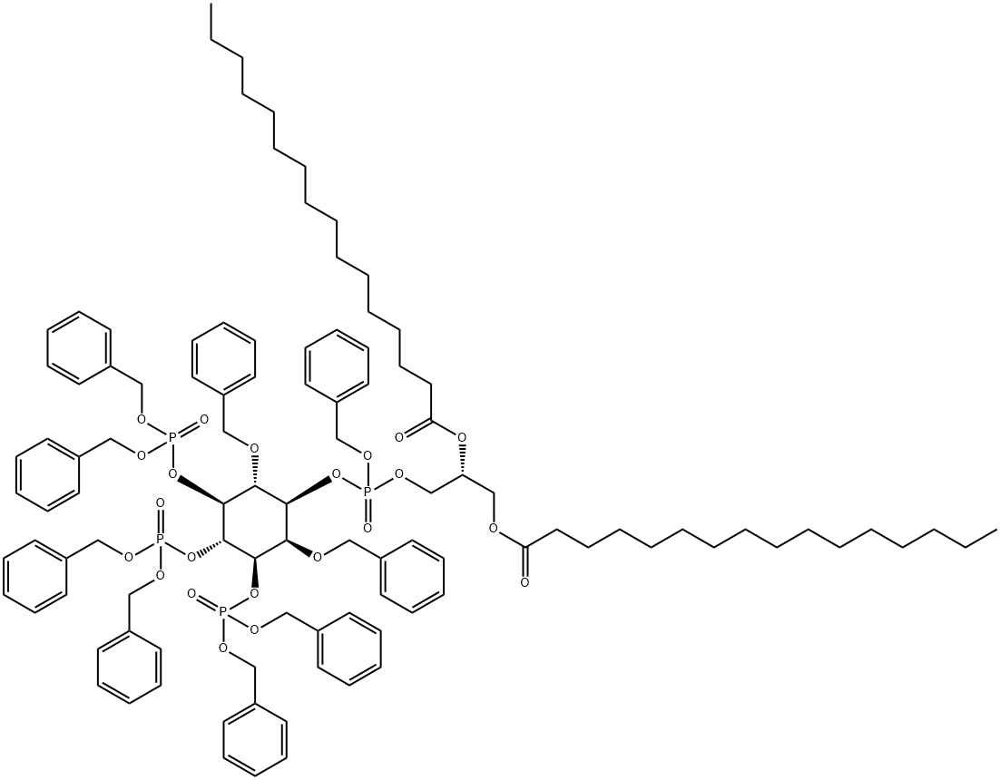 D-myo-Inositol, 2,6-bis-O-(phenylmethyl)-, 1-(2R)-2,3-bis(1-oxohexadecyl)oxypropyl phenylmethyl phosphate 3,4,5-trisbis(phenylmethyl) phosphate Struktur