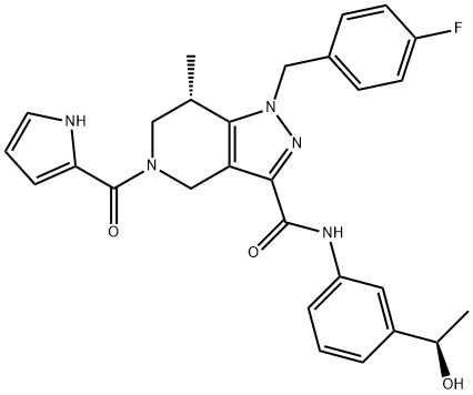 1H-Pyrazolo[4,3-c]pyridine-3-carboxamide, 1-[(4-fluorophenyl)methyl]-4,5,6,7-tetrahydro-N-[3-[(1R)-1-hydroxyethyl]phenyl]-7-methyl-5-(1H-pyrrol-2-ylcarbonyl)-, (7S)- Struktur