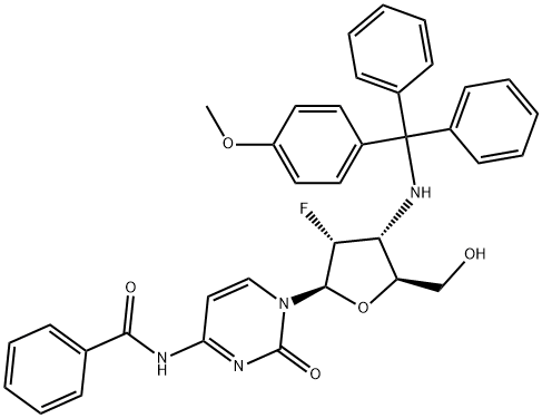 Cytidine, N-?benzoyl-?2',?3'-?dideoxy-?2'-?fluoro-?3'-?[[(4-?methoxyphenyl)?diphenylmethyl]?amino]?-(9CI) Struktur