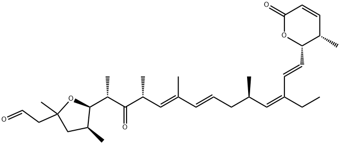 2-Furanacetaldehyde, 5-[(1S,3R,4E,6E,9R,10Z,12E)-13-[(2S,3S)-3,6-dihydro-3-methyl-6-oxo-2H-pyran-2-yl]-11-ethyl-1,3,5,9-tetramethyl-2-oxo-4,6,10,12-tridecatetraen-1-yl]tetrahydro-2,4-dimethyl-, (4S,5R)- Struktur