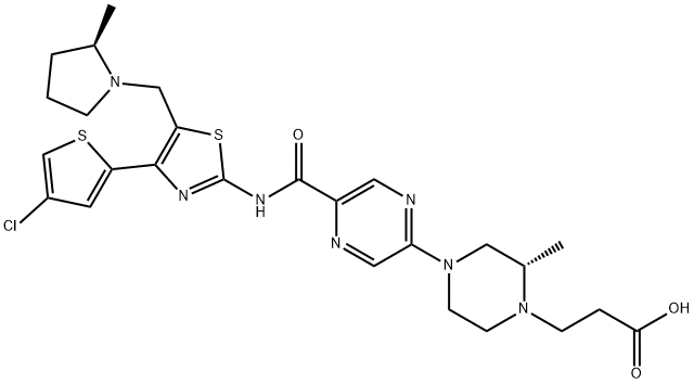 (2S)-4-[5-[[[4-(4-Chloro-2-thienyl)-5-[[(2R)-2-methyl-1-pyrrolidinyl]methyl]-2-thiazolyl]amino]carbonyl]-2-pyrazinyl]-2-methyl-1-piperazinepropanoic acid Struktur