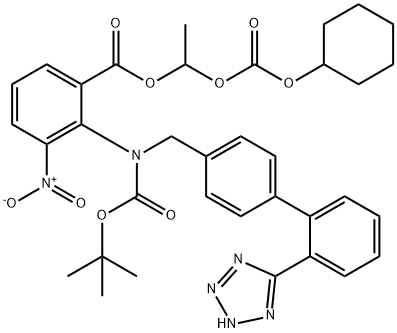 Benzoic acid, 2-[[(1,1-dimethylethoxy)carbonyl][[2'-(2H-tetrazol-5-yl)[1,1'-biphenyl]-4-yl]methyl]amino]-3-nitro-, 1-[[(cyclohexyloxy)carbonyl]oxy]ethyl ester Struktur