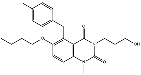 2,4(1H,3H)-Quinazolinedione, 6-butoxy-5-[(4-fluorophenyl)methyl]-3-(3-hydroxypropyl)-1-methyl- Struktur