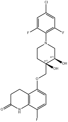 2(1H)-Quinolinone, 5-[[(3R,4R)-1-(4-chloro-2,6-difluorophenyl)-3,4-dihydroxy-4-piperidinyl]methoxy]-8-fluoro-3,4-dihydro-, rel- Struktur