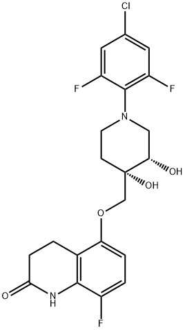 2(1H)-Quinolinone, 5-[[(3S,4S)-1-(4-chloro-2,6-difluorophenyl)-3,4-dihydroxy-4-piperidinyl]methoxy]-8-fluoro-3,4-dihydro- Struktur