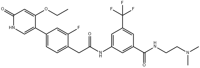 Benzeneacetamide, N-[3-[[[2-(dimethylamino)ethyl]amino]carbonyl]-5-(trifluoromethyl)phenyl]-4-(4-ethoxy-1,6-dihydro-6-oxo-3-pyridinyl)-2-fluoro- Struktur