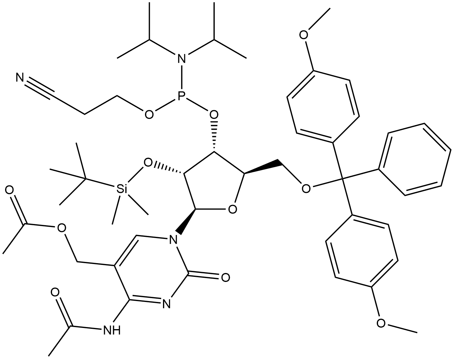 Cytidine, N-acetyl-5-[(acetyloxy)methyl]-5'-O-[bis(4-methoxyphenyl)phenylmethyl]-2'-O-[(1,1-dimethylethyl)dimethylsilyl]-, 3'-[2-cyanoethyl N,N-bis(1-methylethyl)phosphoramidite] Struktur