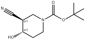 1-Piperidinecarboxylic acid, 3-cyano-4-hydroxy-, 1,1-dimethylethyl ester, (3R,4S)-rel- Struktur