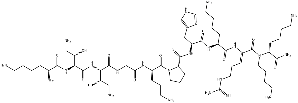 D-Lysinamide, L-lysyl-4-amino-L-allothreonyl-4-amino-L-allothreonylglycyl-D-ornithyl-L-prolyl-L-histidyl-L-lysyl-(2Z)-2,3-didehydroarginyl-N-(4-aminobutyl)- Struktur