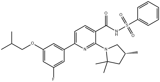 3-Pyridinecarboxamide, 6-[3-fluoro-5-(2-methylpropoxy)phenyl]-N-(phenylsulfonyl)-2-[(4R)-2,2,4-trimethyl-1-pyrrolidinyl]- Struktur