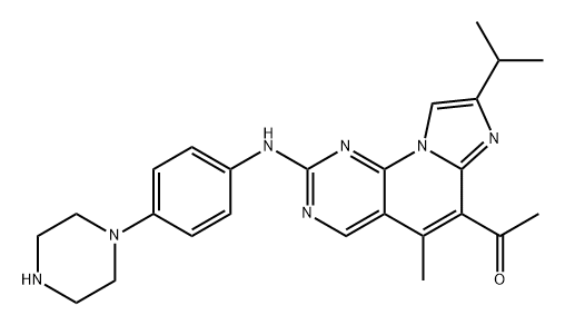 Ethanone, 1-[5-methyl-8-(1-methylethyl)-2-[[4-(1-piperazinyl)phenyl]amino]imidazo[1',2':1,6]pyrido[2,3-d]pyrimidin-6-yl]- Struktur