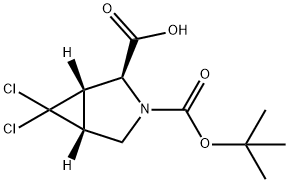 (+/-)-(1S*,2S*,5R*)-3-(tert-butoxycarbonyl)-6,6-dichloro-3-azabicyclo[3.1.0]hexane-2-carboxylic acid Struktur