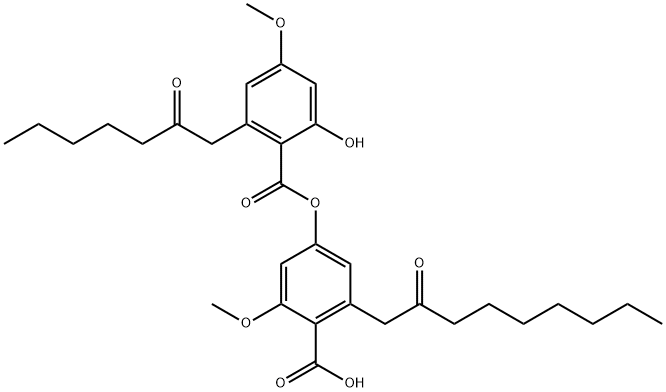 Benzoic acid, 2-hydroxy-4-methoxy-6-(2-oxoheptyl)-, 4-carboxy-3-methoxy-5-(2-oxononyl)phenyl ester Struktur