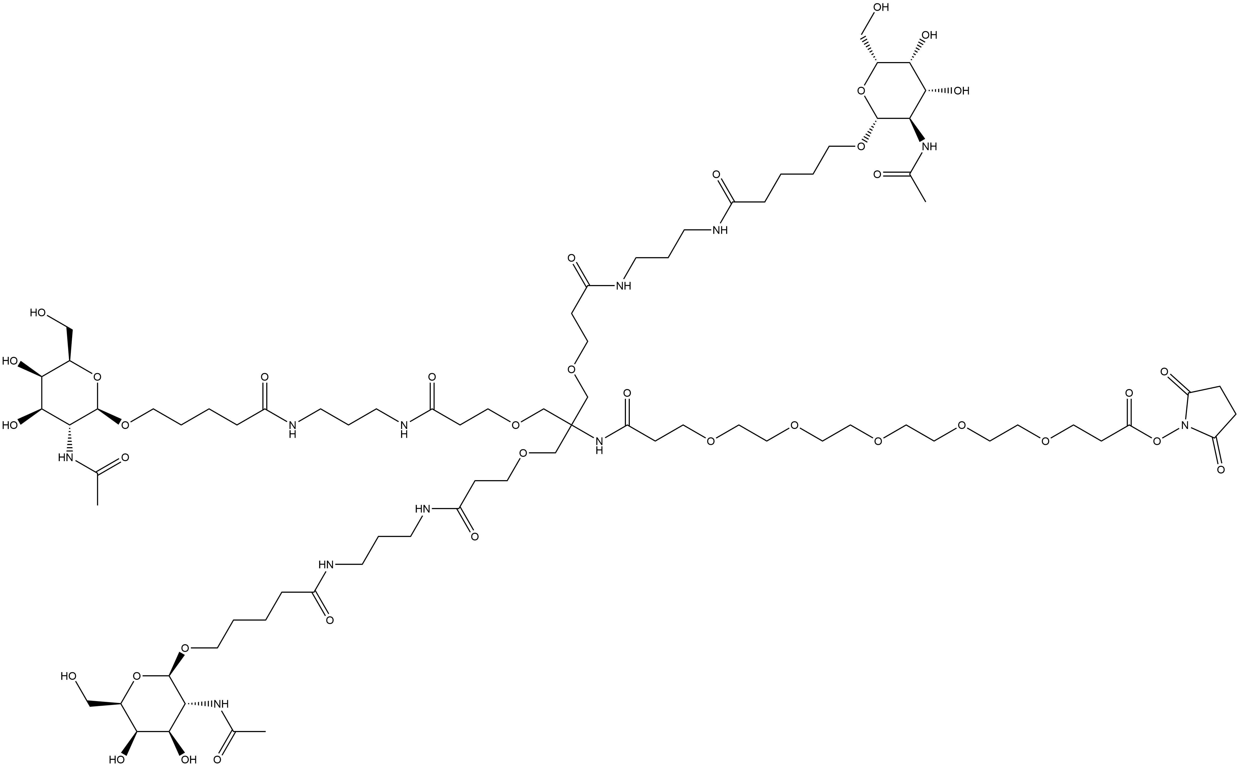 4,7,10,13,16,23-Hexaoxa-20,27,31-triazahexatriacontanoic acid, 36-[[2-(acetylamino)-2-deoxy-β-D-galactopyranosyl]oxy]-21,21-bis[[3-[[3-[[5-[[2-(acetylamino)-2-deoxy-β-D-galactopyranosyl]oxy]-1-oxopentyl]amino]propyl]amino]-3-oxopropoxy]methyl]-19,26,32-trioxo-, 2,5-dioxo-1-pyrrolidinyl ester Struktur