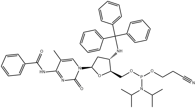 Cytidine, N-?benzoyl-?2',?3'-?dideoxy-?5-?methyl-?3'-?[(triphenylmethyl)?amino]?-?, 5'-?[2-?cyanoethyl N,?N-?bis(1-?methylethyl)?phosphoramidite] Struktur