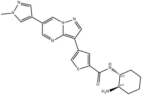 2-Thiophenecarboxamide, N-[(1R,2R)-2-aminocyclohexyl]-4-[6-(1-methyl-1H-pyrazol-4-yl)pyrazolo[1,5-a]pyrimidin-3-yl]-, rel- Struktur