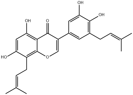 4H-1-Benzopyran-4-one, 3-[3,4-dihydroxy-5-(3-methyl-2-buten-1-yl)phenyl]-5,7-dihydroxy-8-(3-methyl-2-buten-1-yl)- Struktur