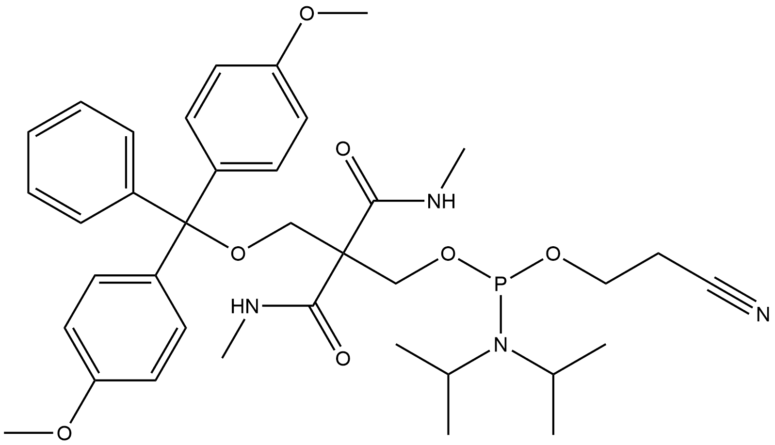 Phosphoramidous acid, bis(1-methylethyl)-, 2-[[bis(4-methoxyphenyl)phenylmethoxy]methyl]-3-(methylamino)-2-[(methylamino)carbonyl]-3-oxopropyl 2-cyanoethyl ester (9CI) Struktur