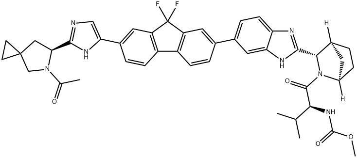 Carbamic acid, N-[(1S)-1-[[(1R,3S,4S)-3-[6-[7-[2-[(6S)-5-acetyl-5-azaspiro[2.4]hept-6-yl]-1H-imidazol-5-yl]-9,9-difluoro-9H-fluoren-2-yl]-1H-benzimidazol-2-yl]-2-azabicyclo[2.2.1]hept-2-yl]carbonyl]-2-methylpropyl]-, methyl ester Struktur