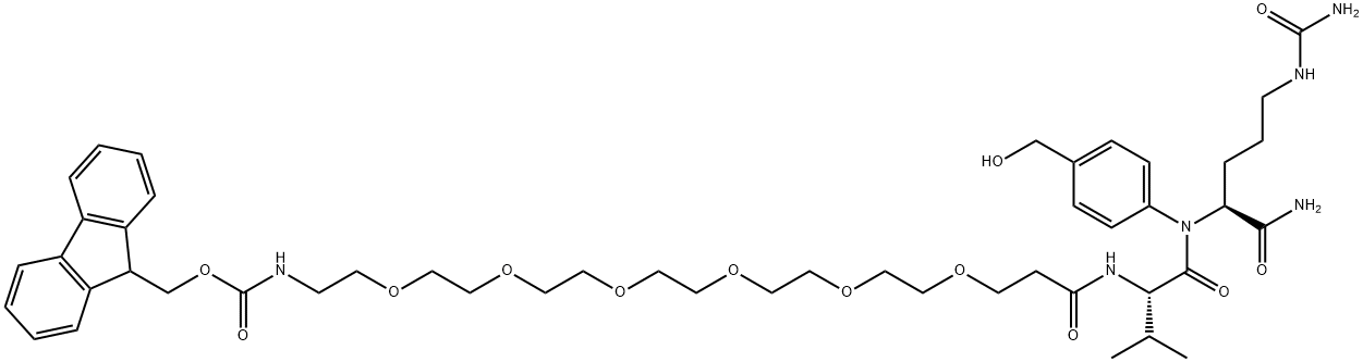 L-Ornithinamide, N-[25-(9H-fluoren-9-yl)-1,23-dioxo-4,7,10,13,16,19,24-heptaoxa-22-azapentacos-1-yl]-L-valyl-N5-(aminocarbonyl)-N-[4-(hydroxymethyl)phenyl]- Struktur